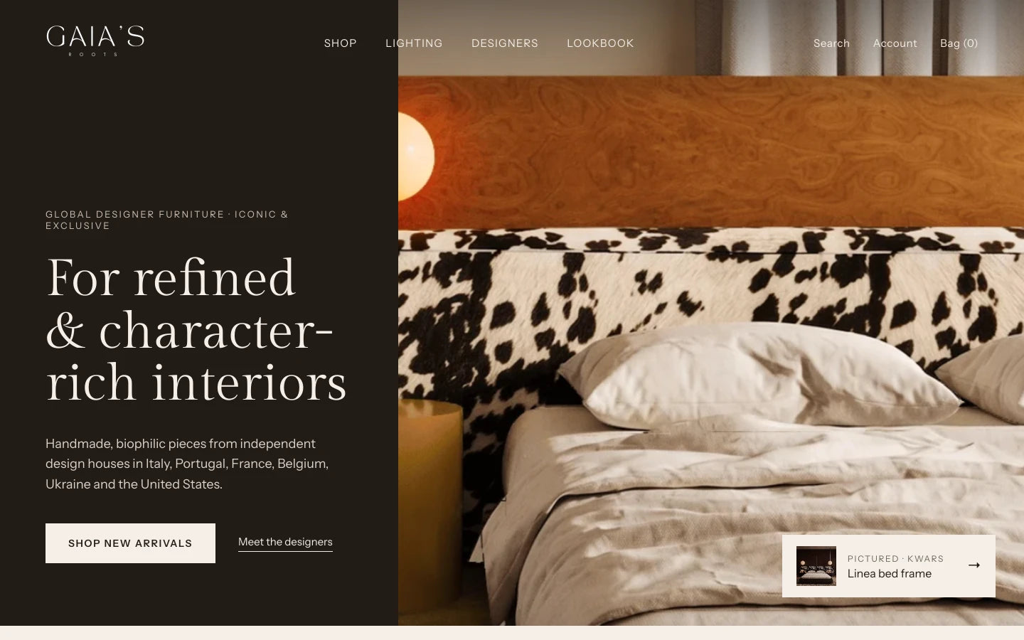 The Gaia’s Roots homepage, a biophilic luxury furniture store built by Bareblink Studio